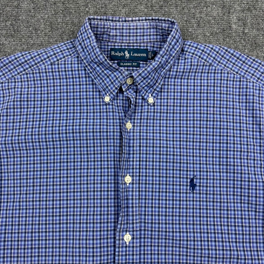 VTG Ralph Lauren Button Down‎ Shirt Mens L Blue Plaid Short Sleeve Hong Kong 90s